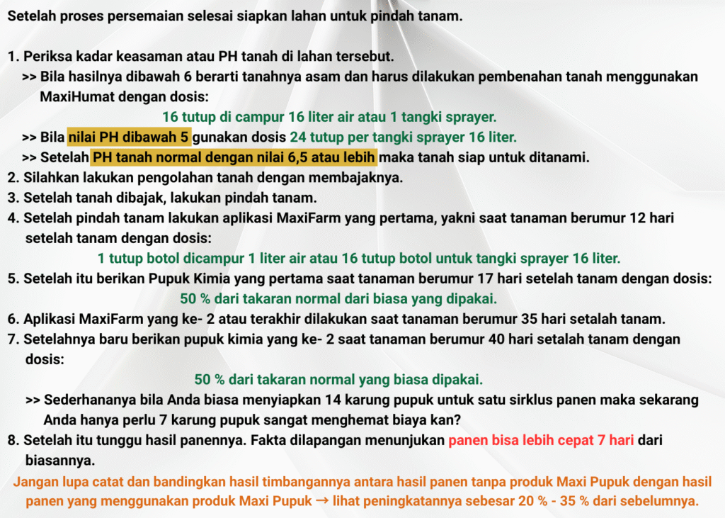 Gambar ini berisi 7 langkah praktis agar panen berlimpah dengan menggunakan produk-produk dari Maxi Pupuk.